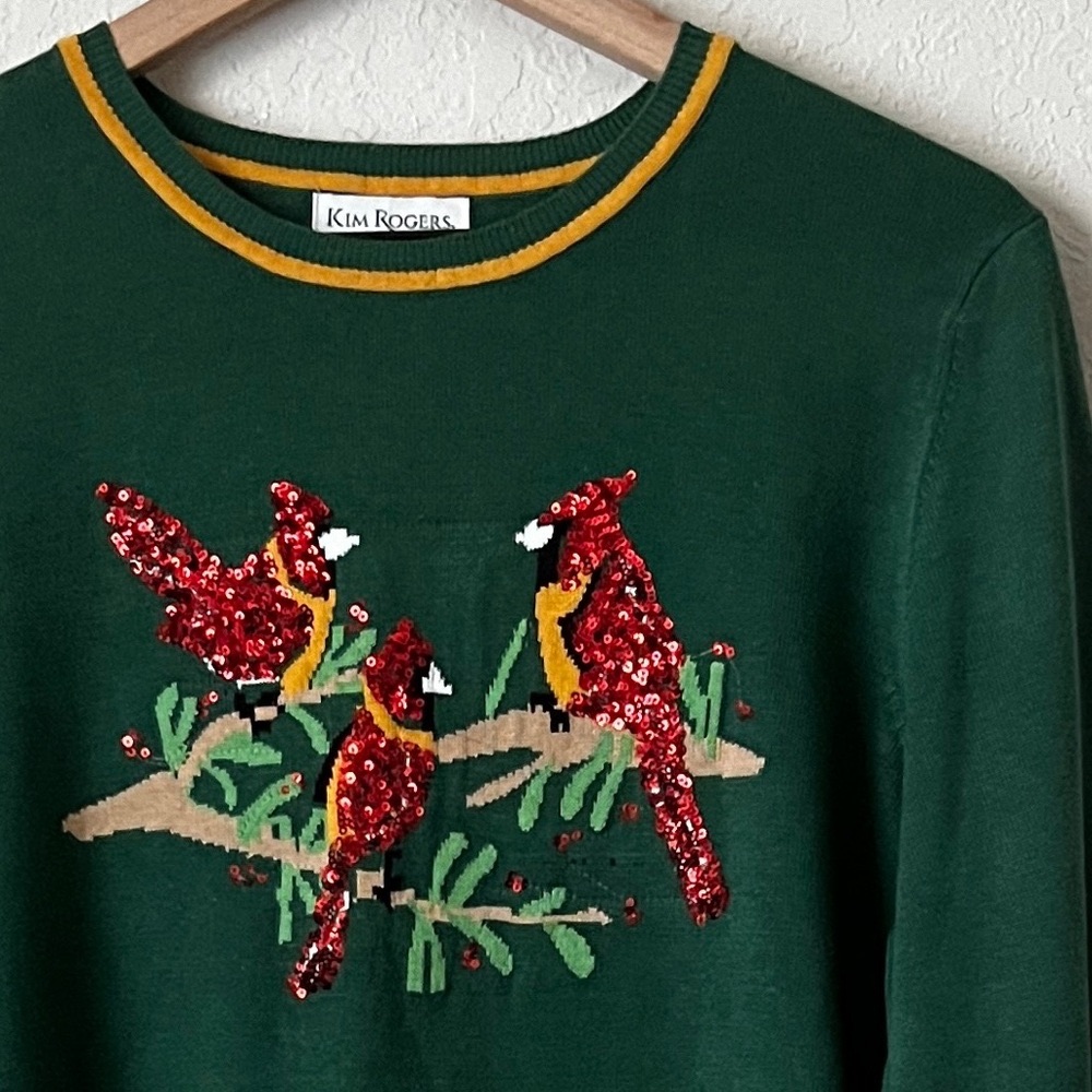 KIM ROGERS Sequined Cardinal Pullover Sweater Crewneck Green Red Christm… - Picture 3 of 7